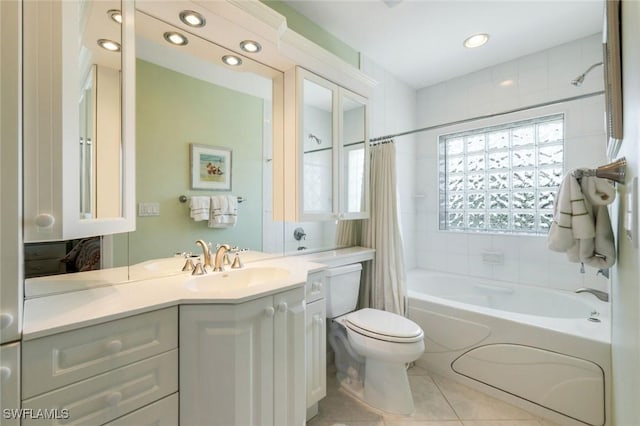 bathroom featuring shower / tub combo, toilet, tile patterned floors, vanity, and recessed lighting