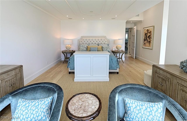 bedroom with ornamental molding, light wood-type flooring, baseboards, and recessed lighting