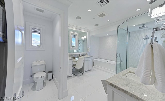 bathroom with toilet, two vanities, a sink, visible vents, and a stall shower