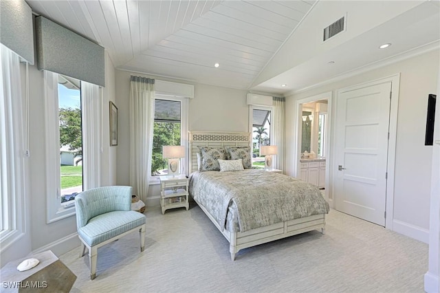 bedroom with recessed lighting, light carpet, visible vents, baseboards, and vaulted ceiling