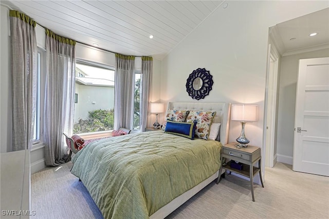 carpeted bedroom with wooden ceiling, baseboards, vaulted ceiling, and recessed lighting