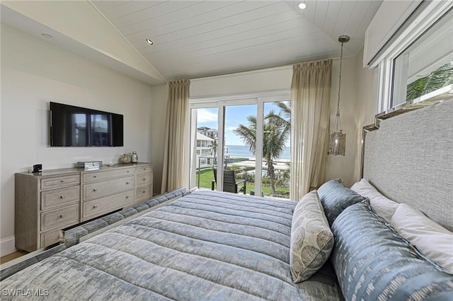 bedroom with access to exterior, recessed lighting, wood ceiling, and vaulted ceiling