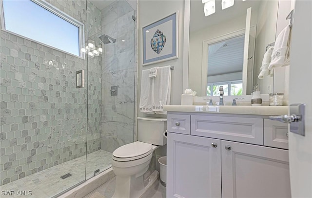bathroom with toilet, vanity, a shower stall, and a wealth of natural light