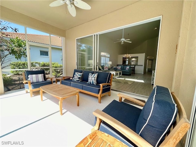 view of patio with ceiling fan and an outdoor hangout area