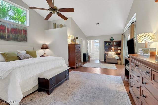 bedroom featuring high vaulted ceiling, visible vents, ceiling fan, and light wood finished floors