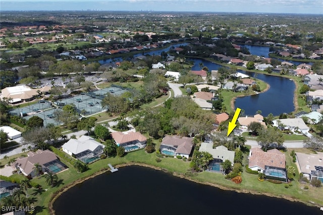 aerial view featuring a water view and a residential view