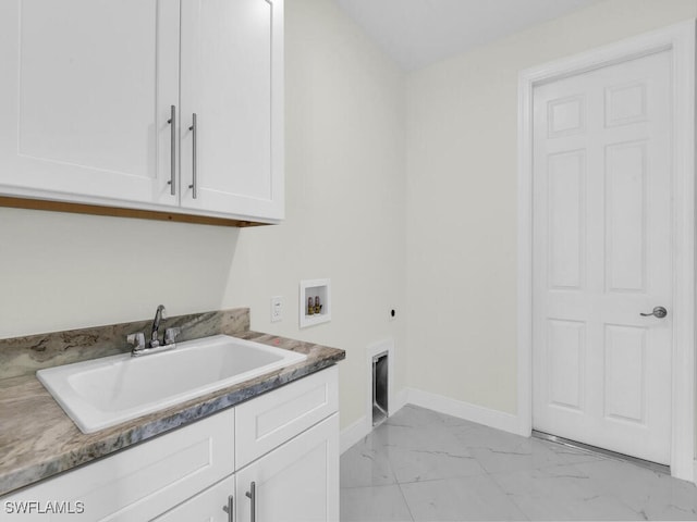 washroom with hookup for a washing machine, cabinet space, a sink, electric dryer hookup, and marble finish floor