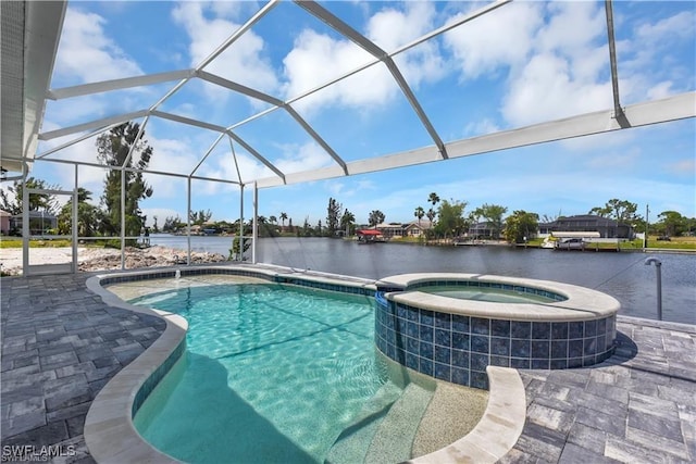 view of pool featuring a lanai, central AC unit, a patio area, and a water view