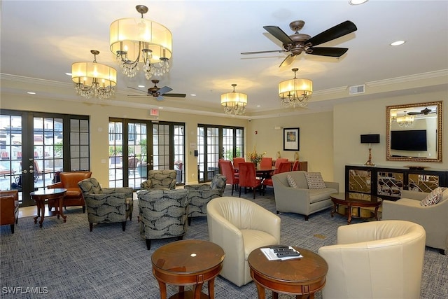 23159 Amgci Way Unit 3108, Estero, FL 33928 - carpeted living area with ceiling fan, crown molding, a chandelier, recessed lighting, and french doors