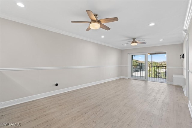 empty room featuring baseboards, recessed lighting, light wood-type flooring, and crown molding