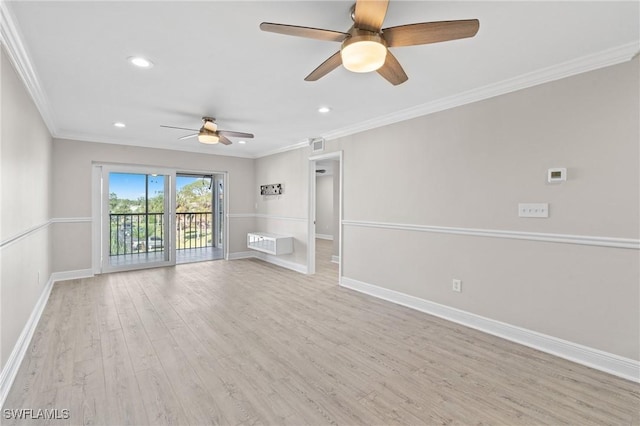 unfurnished living room with light wood-style floors, baseboards, crown molding, and recessed lighting