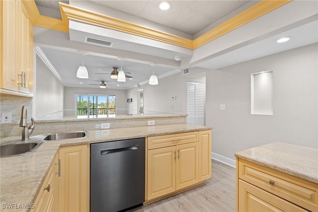 kitchen featuring visible vents, dishwasher, a peninsula, crown molding, and a sink