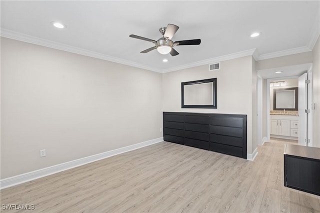 unfurnished bedroom with recessed lighting, visible vents, baseboards, light wood-type flooring, and crown molding