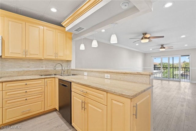 kitchen featuring visible vents, dishwasher, light wood-style flooring, a peninsula, and a sink