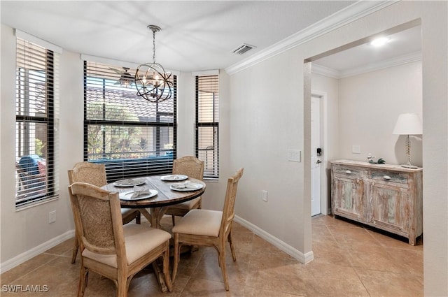 dining area featuring a chandelier, light tile patterned floors, visible vents, baseboards, and ornamental molding