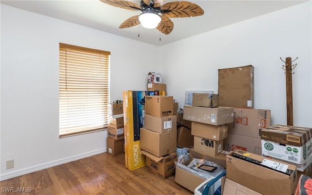 storage room featuring a ceiling fan