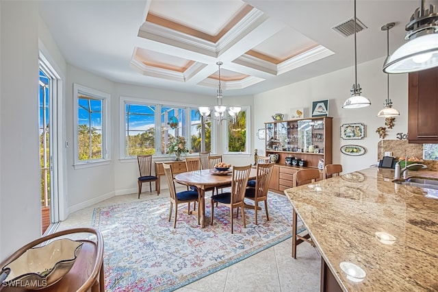 dining room with baseboards, visible vents, coffered ceiling, a chandelier, and light tile patterned flooring