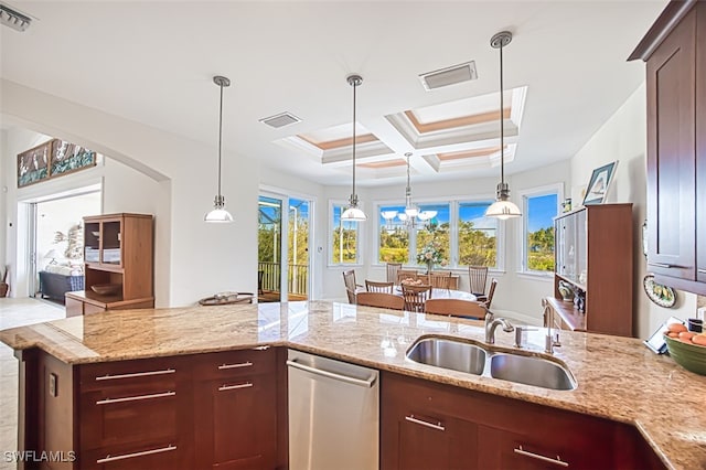 kitchen featuring pendant lighting, visible vents, stainless steel dishwasher, a sink, and coffered ceiling