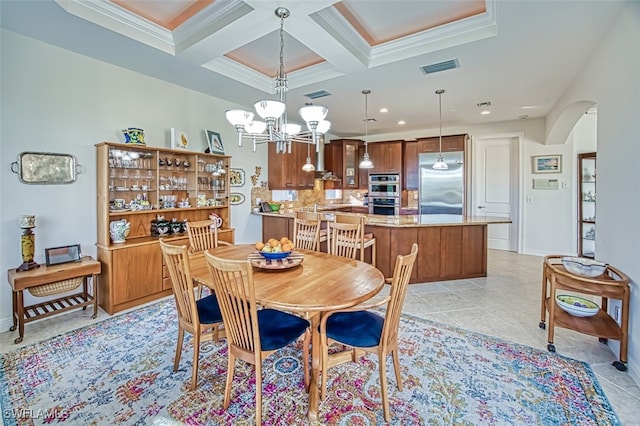 dining room featuring visible vents, arched walkways, coffered ceiling, beam ceiling, and a notable chandelier