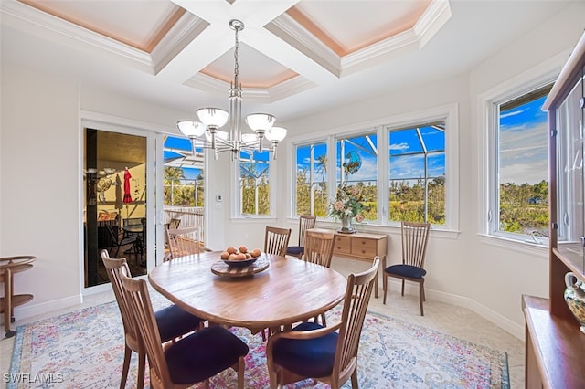 dining room with coffered ceiling, baseboards, ornamental molding, beamed ceiling, and an inviting chandelier