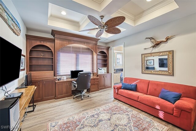 office area featuring ornamental molding, wood finished floors, a ceiling fan, and recessed lighting