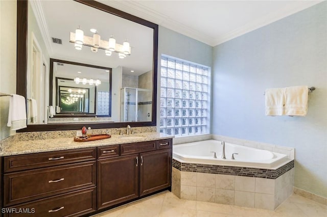 full bathroom with a garden tub, visible vents, vanity, a shower stall, and crown molding