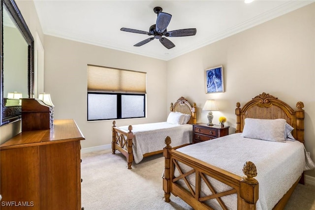 bedroom featuring light carpet, ceiling fan, ornamental molding, and baseboards