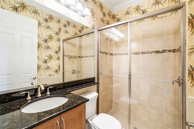 bathroom with crown molding, a shower stall, toilet, and wallpapered walls