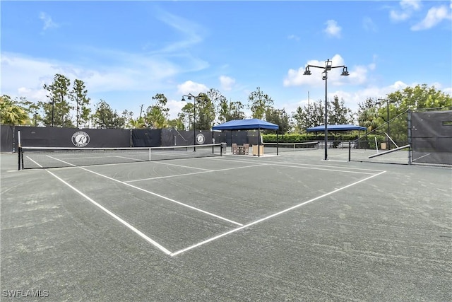 view of tennis court featuring fence