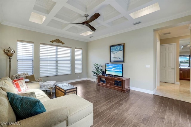 living area featuring visible vents, baseboards, coffered ceiling, ceiling fan, and wood finished floors