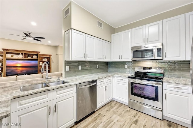 kitchen with appliances with stainless steel finishes, white cabinets, visible vents, and a sink