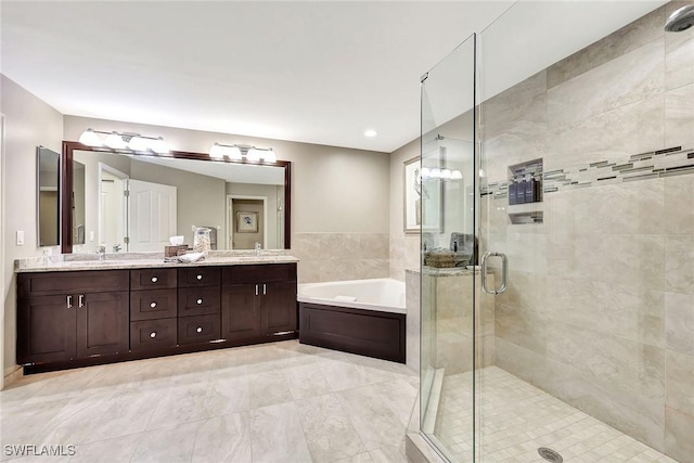 full bathroom featuring a sink, double vanity, a shower stall, and a bath