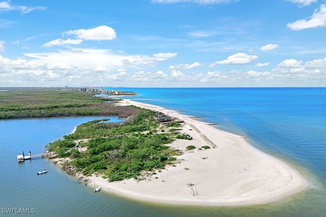 bird's eye view featuring a view of the beach and a water view