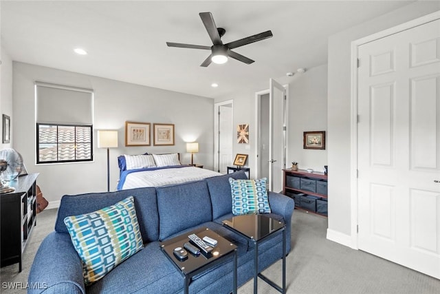 bedroom with baseboards, ceiling fan, carpet flooring, and recessed lighting