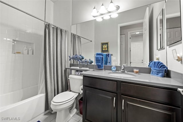 full bath featuring toilet, shower / tub combo, tile patterned floors, and vanity