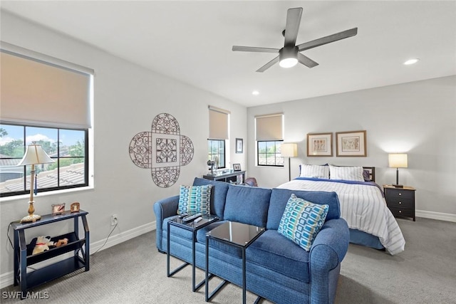 bedroom featuring ceiling fan, carpet floors, recessed lighting, and baseboards