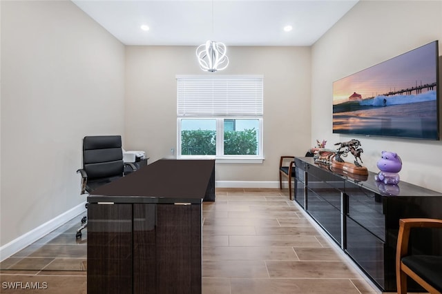 home office with wood tiled floor, baseboards, and recessed lighting