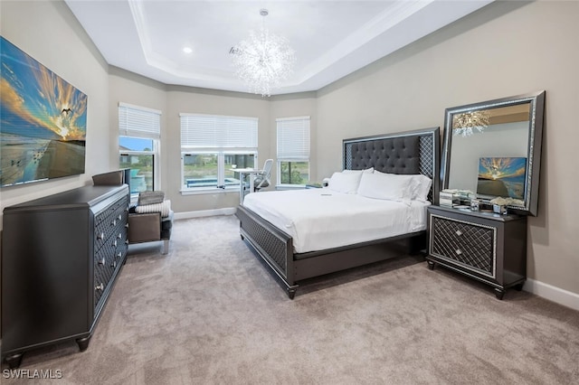 carpeted bedroom featuring recessed lighting, baseboards, a raised ceiling, and a chandelier