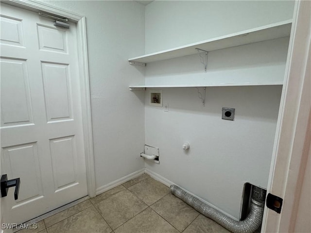 washroom with hookup for a washing machine, hookup for an electric dryer, light tile patterned flooring, laundry area, and baseboards