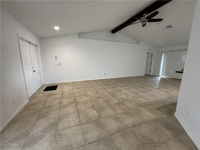 unfurnished room featuring vaulted ceiling with beams, baseboards, visible vents, and a ceiling fan