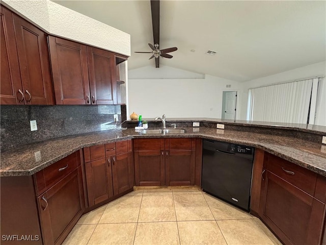 kitchen featuring visible vents, dark stone counters, dishwasher, vaulted ceiling with beams, and a sink