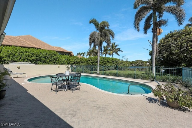 view of pool featuring a fenced in pool, a patio area, and fence