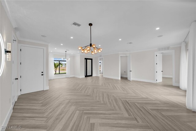 interior space with ornamental molding, visible vents, and recessed lighting