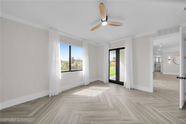 1142 NE 37th St, Cape Coral, FL 33909 - spare room featuring a ceiling fan, baseboards, ornamental molding, and recessed lighting