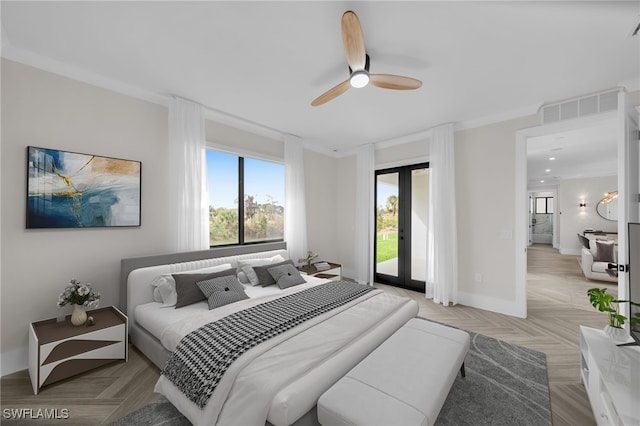 bedroom featuring french doors, visible vents, ceiling fan, access to outside, and baseboards