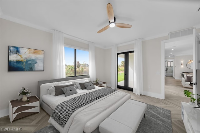 1142 NE 37th St, Cape Coral, FL 33909 - bedroom featuring access to exterior, baseboards, a ceiling fan, and crown molding