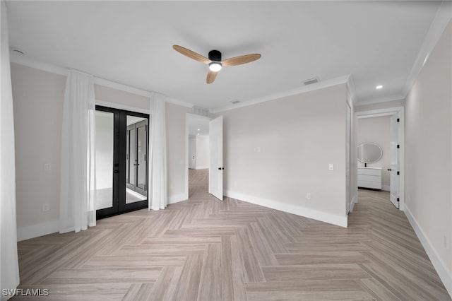 unfurnished bedroom featuring french doors, visible vents, ornamental molding, access to outside, and baseboards