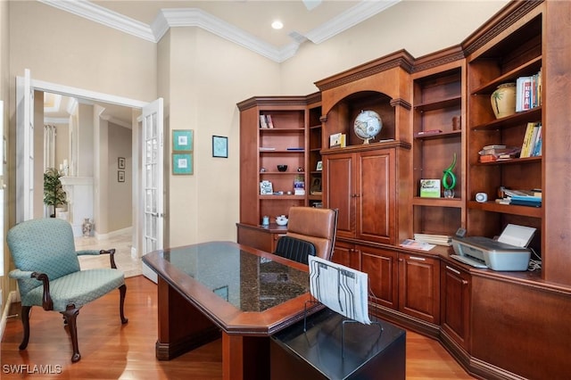 office area featuring light wood-style floors, recessed lighting, french doors, and crown molding