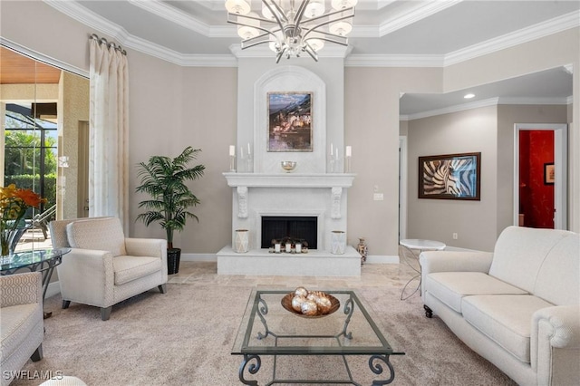 living room with a fireplace with raised hearth, ornamental molding, a chandelier, and baseboards