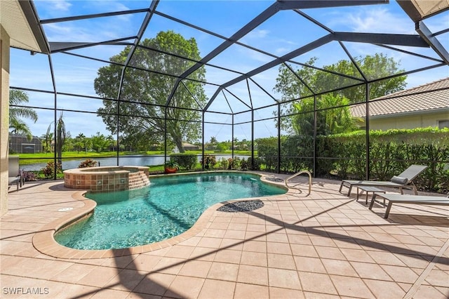 view of swimming pool featuring glass enclosure, a pool with connected hot tub, and a patio